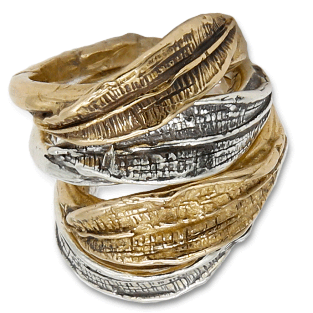 Anello argento 925 e bronzo ,quattro foglie dalla forma allungata